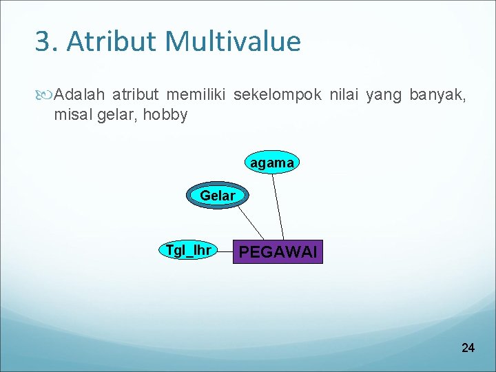 3. Atribut Multivalue Adalah atribut memiliki sekelompok nilai yang banyak, misal gelar, hobby agama