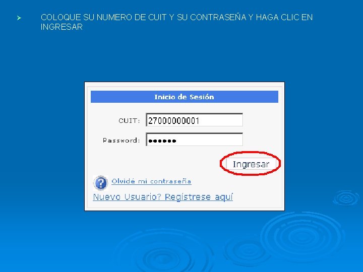 Ø COLOQUE SU NUMERO DE CUIT Y SU CONTRASEÑA Y HAGA CLIC EN INGRESAR