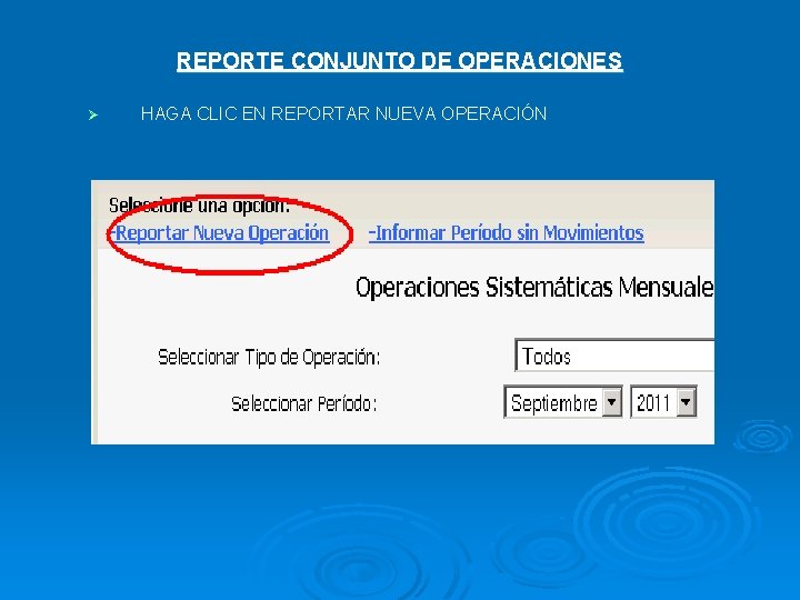 REPORTE CONJUNTO DE OPERACIONES Ø HAGA CLIC EN REPORTAR NUEVA OPERACIÓN 