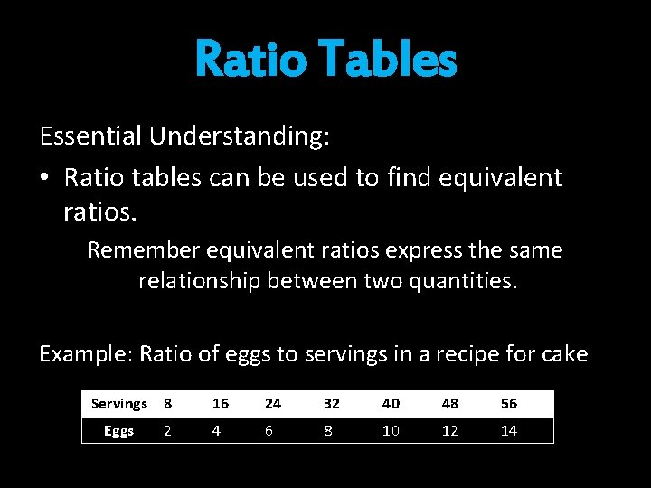 Ratio Tables Essential Understanding: • Ratio tables can be used to find equivalent ratios.