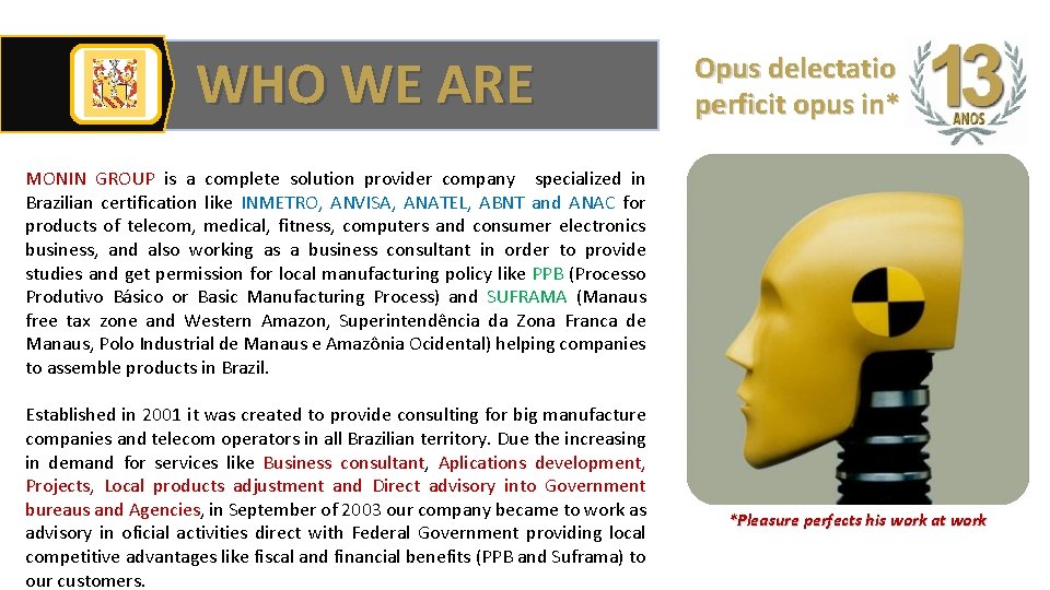 WHO WE ARE Opus delectatio perficit opus in* MONIN GROUP is a complete solution