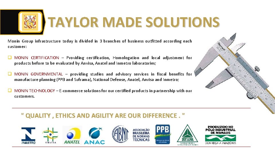 TAYLOR MADE SOLUTIONS Monin Group infrastructure today is divided in 3 branches of business