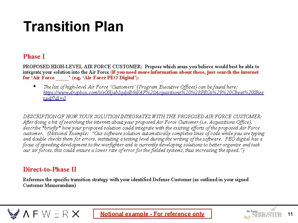 Transition Plan Phase I PROPOSED HIGH-LEVEL AIR FORCE CUSTOMER: Propose which areas you believe