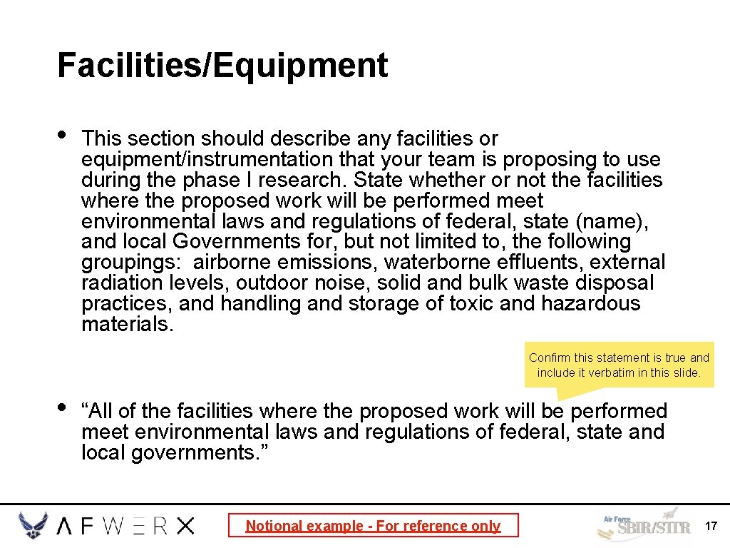 Facilities/Equipment • This section should describe any facilities or equipment/instrumentation that your team is