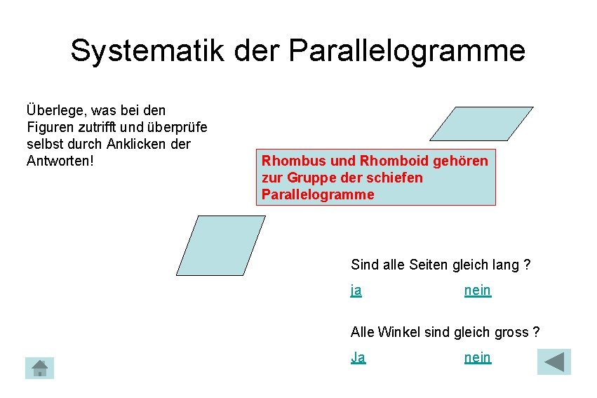Systematik der Parallelogramme Überlege, was bei den Figuren zutrifft und überprüfe selbst durch Anklicken