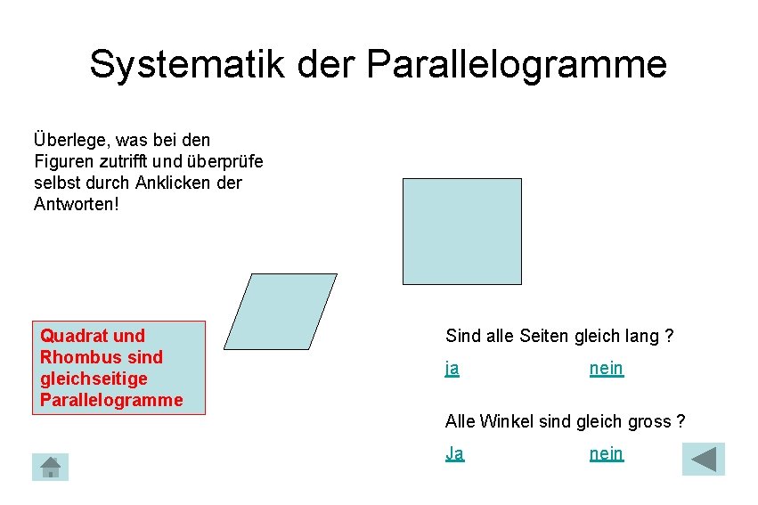 Systematik der Parallelogramme Überlege, was bei den Figuren zutrifft und überprüfe selbst durch Anklicken