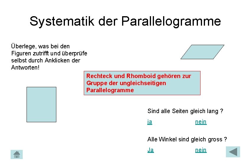 Systematik der Parallelogramme Überlege, was bei den Figuren zutrifft und überprüfe selbst durch Anklicken