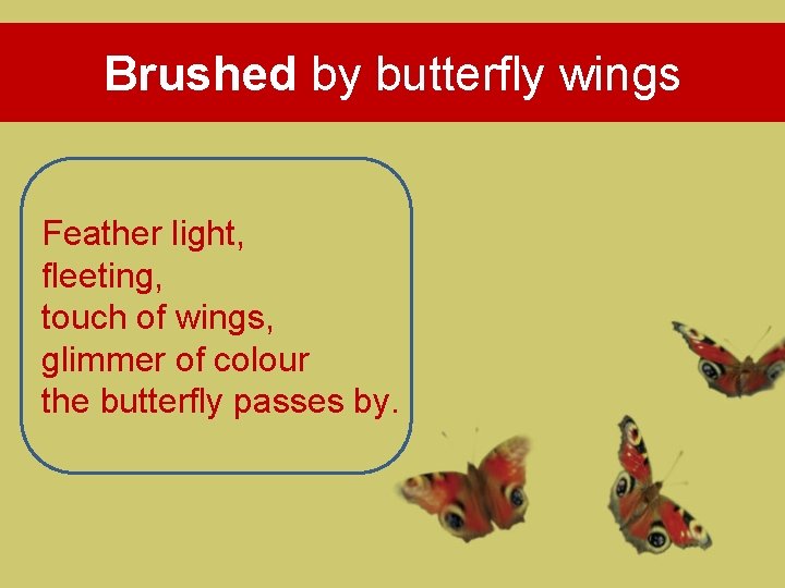 Brushed by butterfly wings Feather light, fleeting, touch of wings, glimmer of colour the