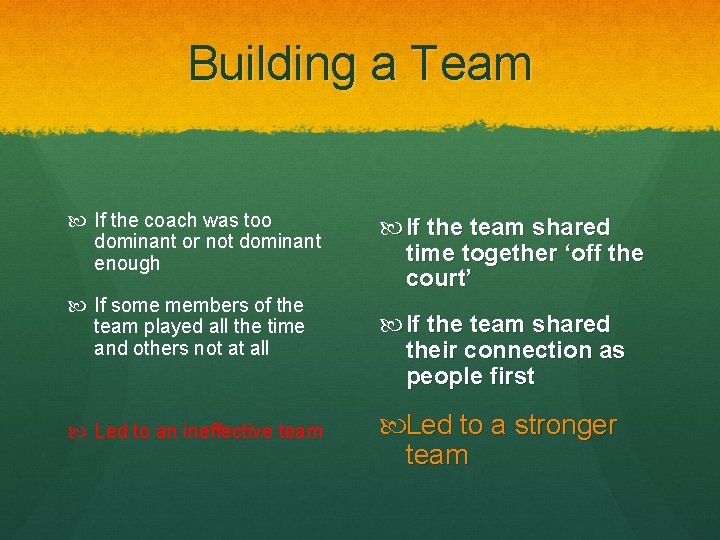 Building a Team If the coach was too dominant or not dominant enough If