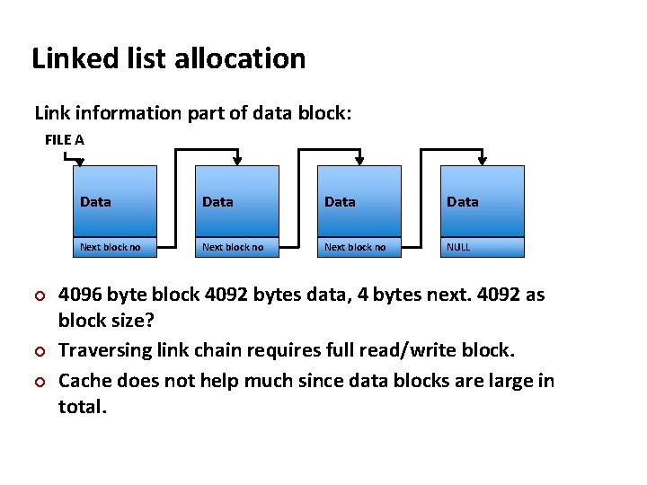 Carnegie Mellon Linked list allocation Link information part of data block: FILE A Data