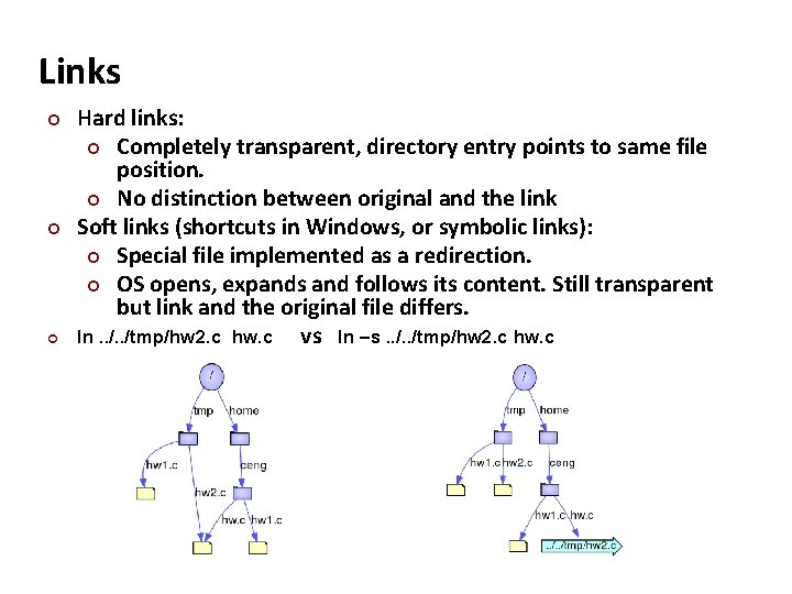 Carnegie Mellon Links Hard links: Completely transparent, directory entry points to same file position.