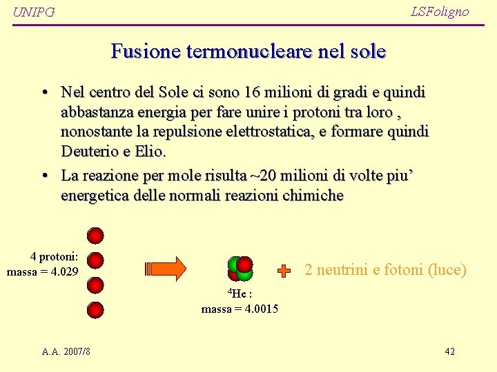 LSFoligno UNIPG Fusione termonucleare nel sole • Nel centro del Sole ci sono 16