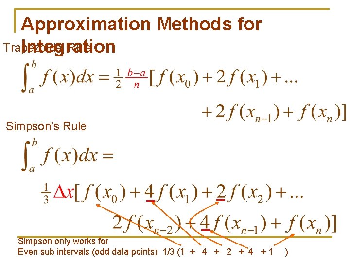 Approximation Methods for Trapezoidal Rule Integration Simpson’s Rule Simpson only works for Even sub