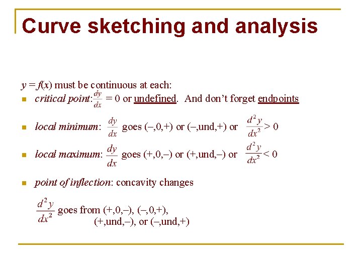 Curve sketching and analysis y = f(x) must be continuous at each: n critical