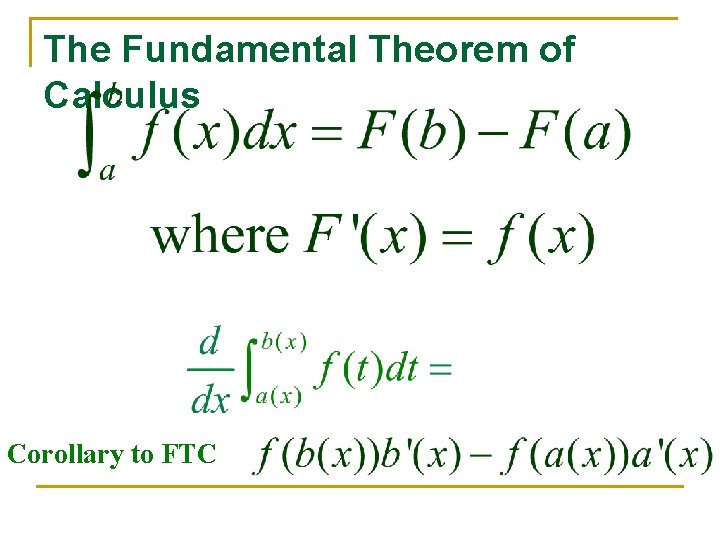 The Fundamental Theorem of Calculus Corollary to FTC 