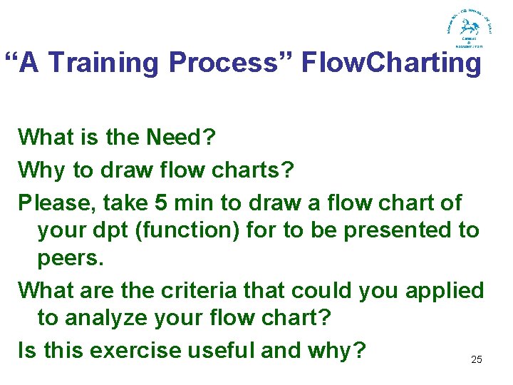 “A Training Process” Flow. Charting What is the Need? Why to draw flow charts?