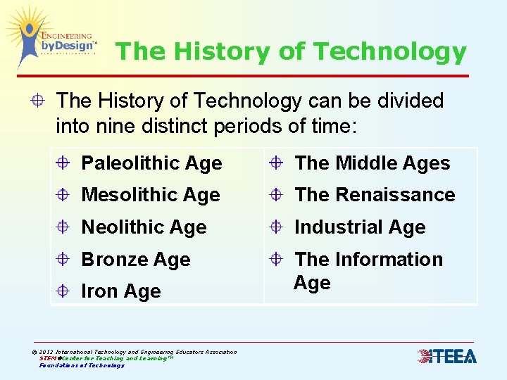 The History of Technology can be divided into nine distinct periods of time: Paleolithic