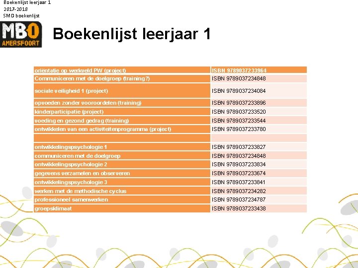 Boekenlijst leerjaar 1 2017 -2018 SMD boekenlijst Boekenlijst leerjaar 1 oriëntatie op werkveld PW