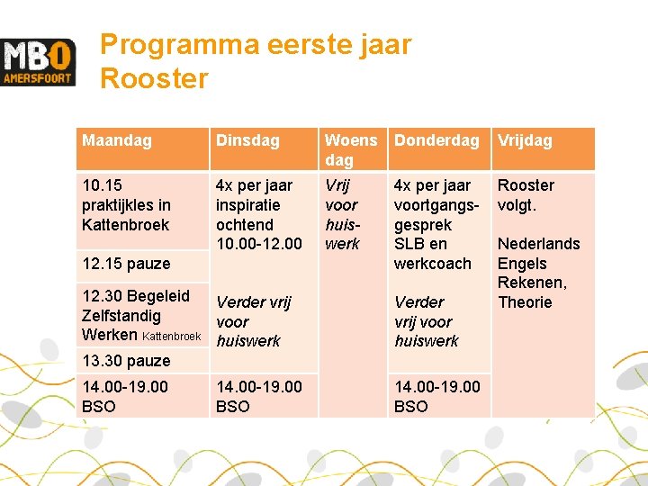 Programma eerste jaar Rooster Maandag Dinsdag Woens dag Donderdag Vrijdag 10. 15 praktijkles in