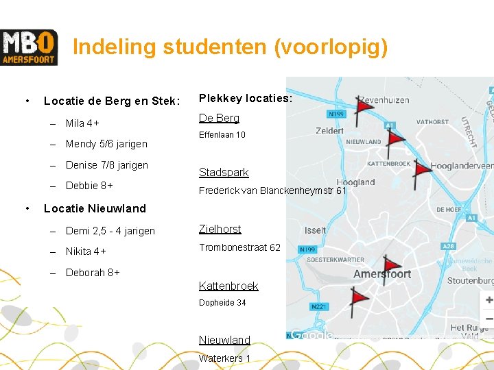 Indeling studenten (voorlopig) • Locatie de Berg en Stek: – Mila 4+ – Mendy