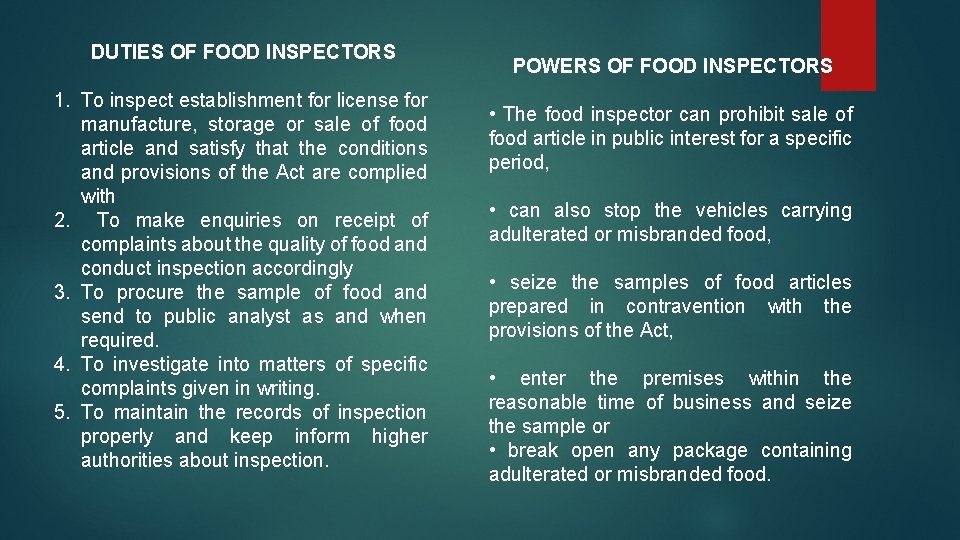 DUTIES OF FOOD INSPECTORS 1. To inspect establishment for license for manufacture, storage or