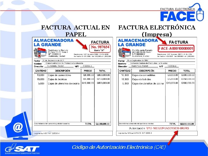 FACTURA ACTUAL EN PAPEL FACTURA ELECTRÓNICA (Impresa) FACTURA FACE-A 00010000001 Resolución SAT Número 2006