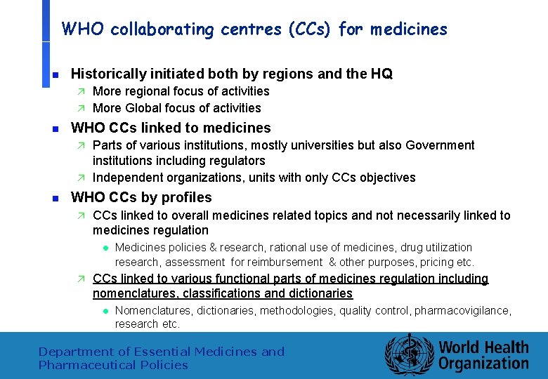 WHO collaborating centres (CCs) for medicines n Historically initiated both by regions and the