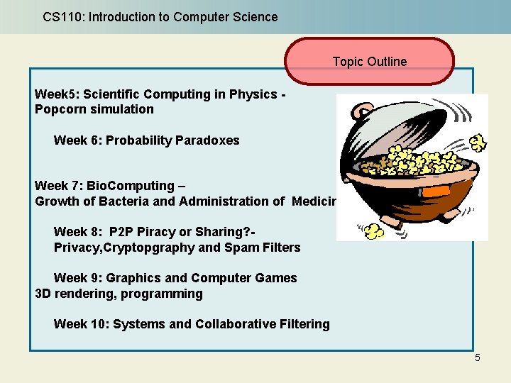 CS 110: Introduction to Computer Science Topic Outline Week 5: Scientific Computing in Physics