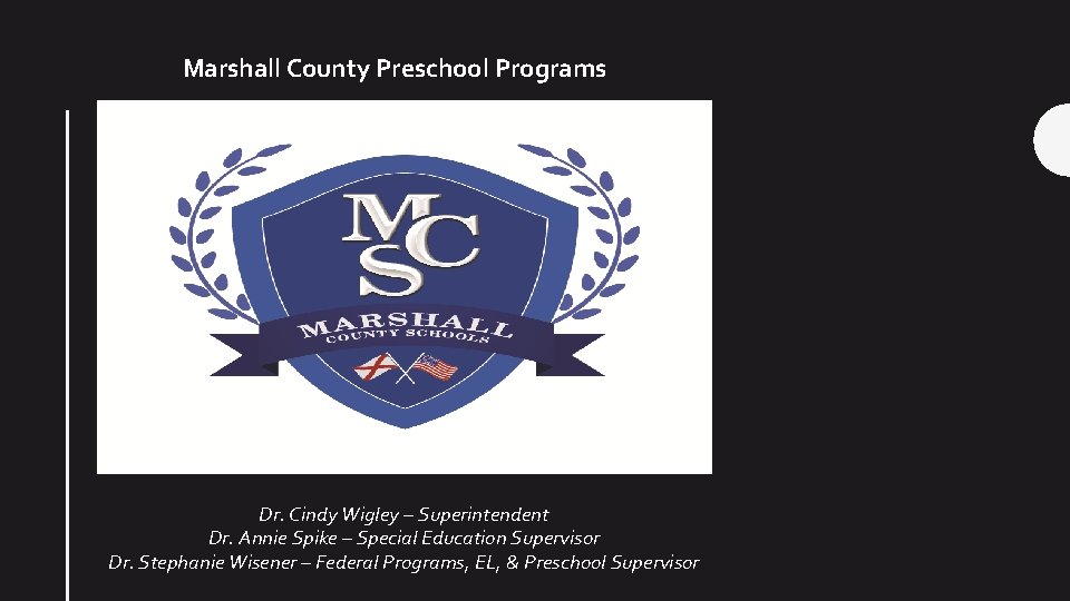 Marshall County Preschool Programs Dr. Cindy Wigley – Superintendent Dr. Annie Spike – Special