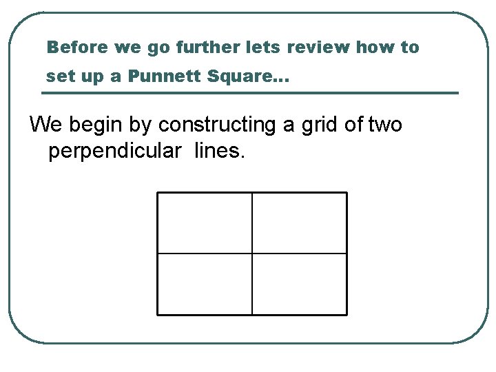 Before we go further lets review how to set up a Punnett Square… We