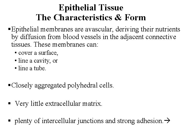 Epithelial Tissue The Characteristics & Form §Epithelial membranes are avascular, deriving their nutrients by