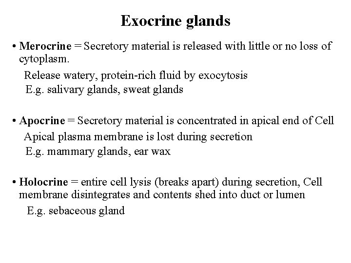 Exocrine glands • Merocrine = Secretory material is released with little or no loss