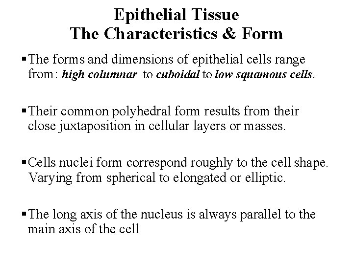 Epithelial Tissue The Characteristics & Form §The forms and dimensions of epithelial cells range