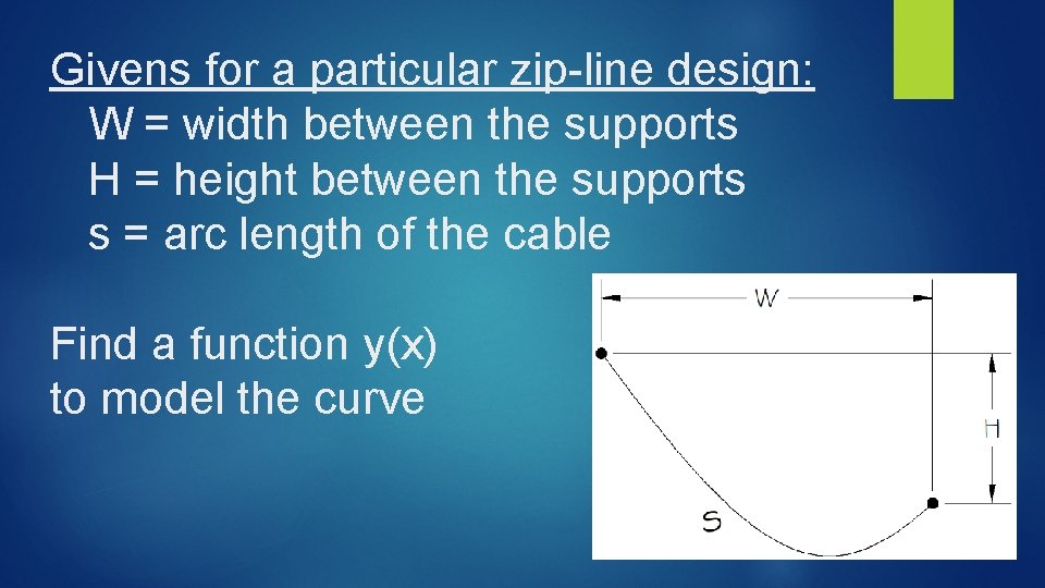 Givens for a particular zip-line design: W = width between the supports H =