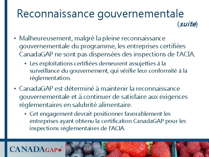 Reconnaissance gouvernementale (suite) • Malheureusement, malgré la pleine reconnaissance gouvernementale du programme, les entreprises Reconnaissance gouvernementale (suite) • Malheureusement, malgré la pleine reconnaissance gouvernementale du programme, les entreprises