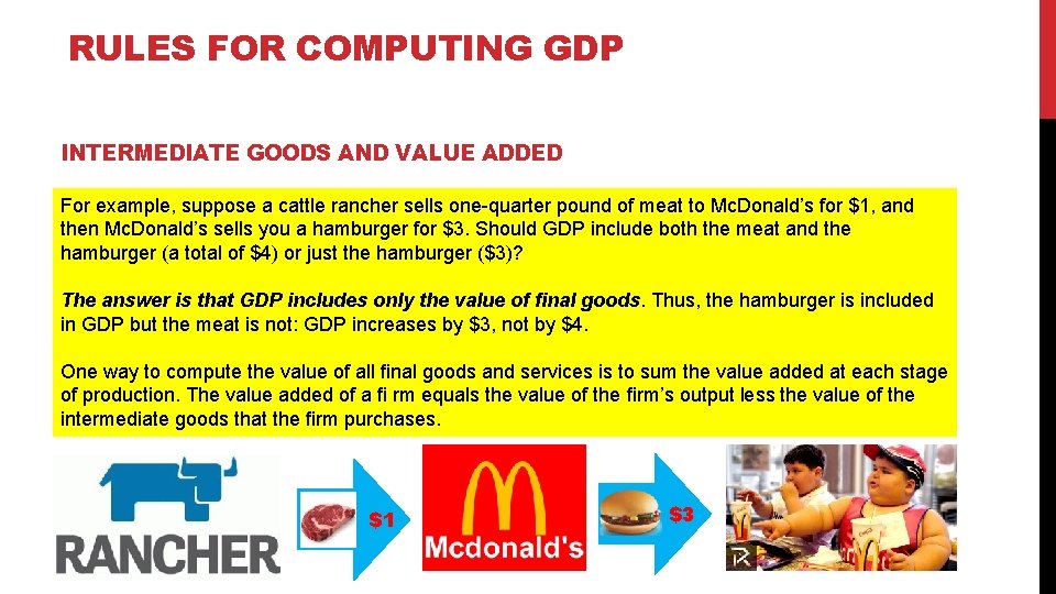 RULES FOR COMPUTING GDP INTERMEDIATE GOODS AND VALUE ADDED For example, suppose a cattle