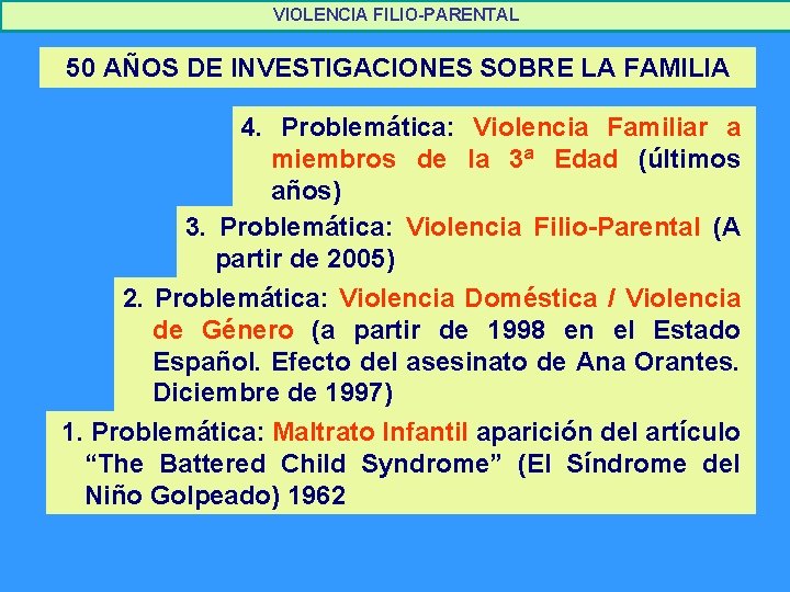 VIOLENCIA FILIO-PARENTAL 50 AÑOS DE INVESTIGACIONES SOBRE LA FAMILIA 4. Problemática: Violencia Familiar a VIOLENCIA FILIO-PARENTAL 50 AÑOS DE INVESTIGACIONES SOBRE LA FAMILIA 4. Problemática: Violencia Familiar a