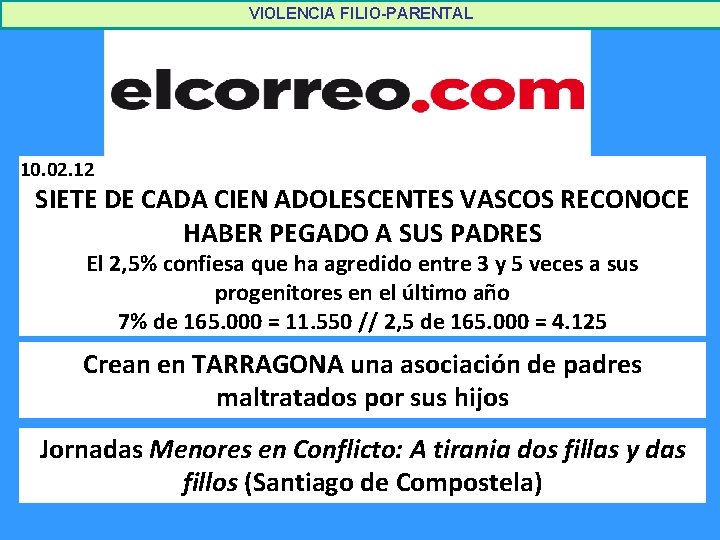 VIOLENCIA FILIO-PARENTAL 10. 02. 12 SIETE DE CADA CIEN ADOLESCENTES VASCOS RECONOCE HABER PEGADO