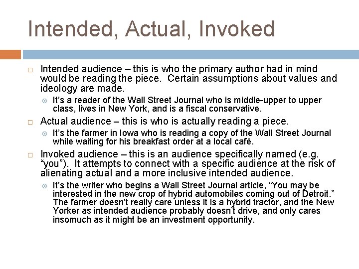 Intended, Actual, Invoked Intended audience – this is who the primary author had in