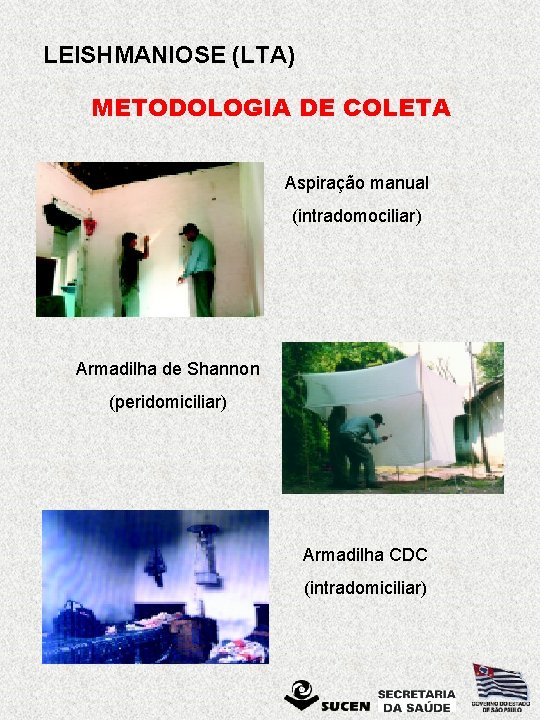 LEISHMANIOSE (LTA) METODOLOGIA DE COLETA Aspiração manual (intradomociliar) Armadilha de Shannon (peridomiciliar) Armadilha CDC