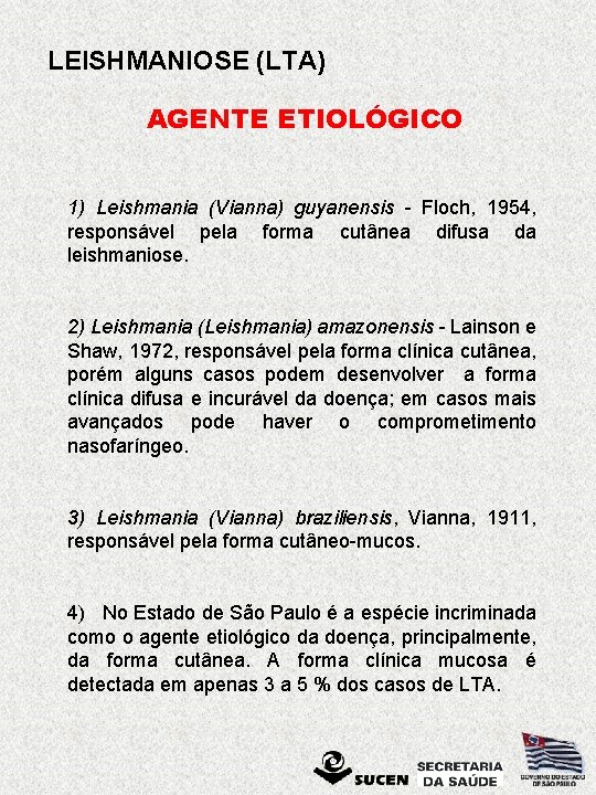 LEISHMANIOSE (LTA) AGENTE ETIOLÓGICO 1) Leishmania (Vianna) guyanensis - Floch, 1954, responsável pela forma