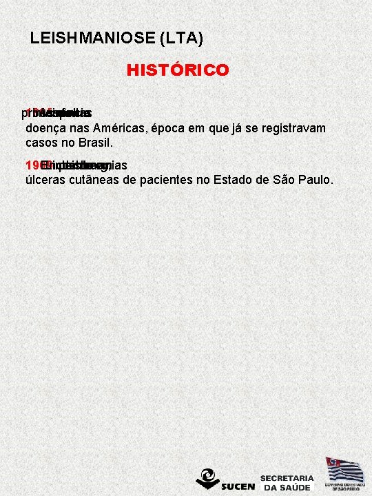 LEISHMANIOSE (LTA) HISTÓRICO primeiras 1885 ocorrência As suspeitas da asobre doença nas Américas, época