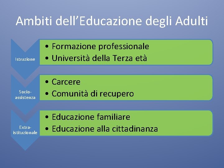 Ambiti dell’Educazione degli Adulti Istruzione • Formazione professionale • Università della Terza età Socioassistenza