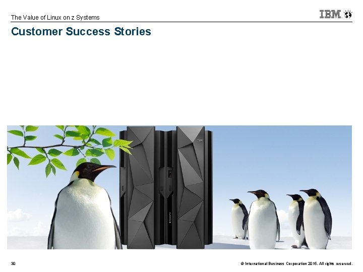 The Value of Linux on z Systems Customer Success Stories 30 © International Business