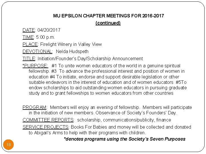  MU EPSILON CHAPTER MEETINGS FOR 2016 -2017 (continued) DATE: 04/20/2017 TIME: 5: 00