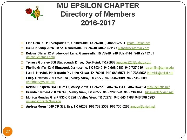 MU EPSILON CHAPTER Directory of Members 2016 -2017 27 � Lisa Cato 1911 Everglade