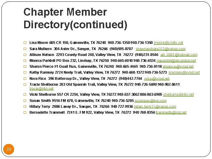 Chapter Member Directory(continued) 28 � Lisa Moore 605 CR 150, Gainesville, TX 76240 940
