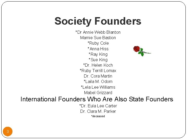 Society Founders *Dr Annie Webb Blanton Mamie Sue Bastion *Ruby Cole *Anna Hiss *Ray