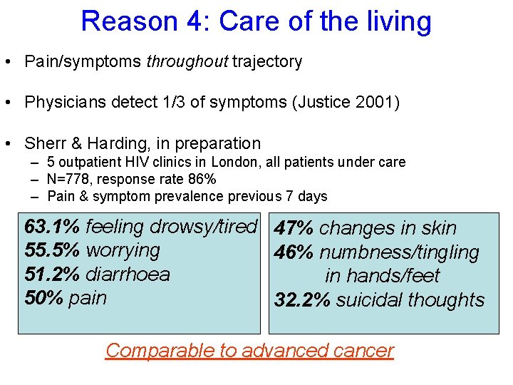 Reason 4: Care of the living • Pain/symptoms throughout trajectory • Physicians detect 1/3 Reason 4: Care of the living • Pain/symptoms throughout trajectory • Physicians detect 1/3