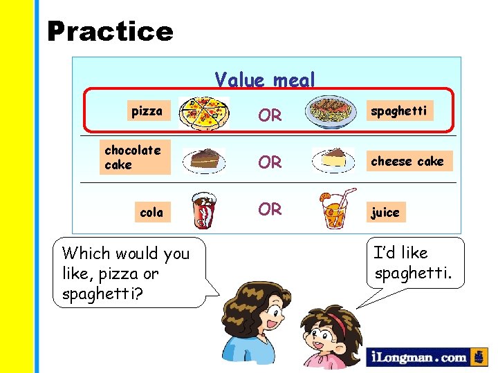 Practice Value meal pizza OR spaghetti chocolate cake OR cheese cake cola OR juice